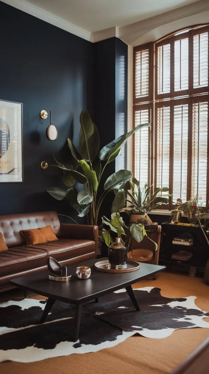 Deep navy walls and a brown sofa create a sophisticated 1970s lounge atmosphere in this mid-century modern apartment.