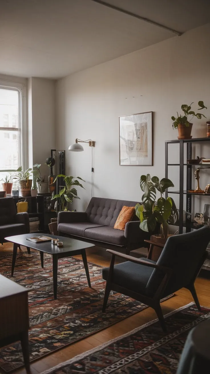 Dark brown mid-century modern furniture and potted plants create a sophisticated atmosphere in a white-walled apartment living room