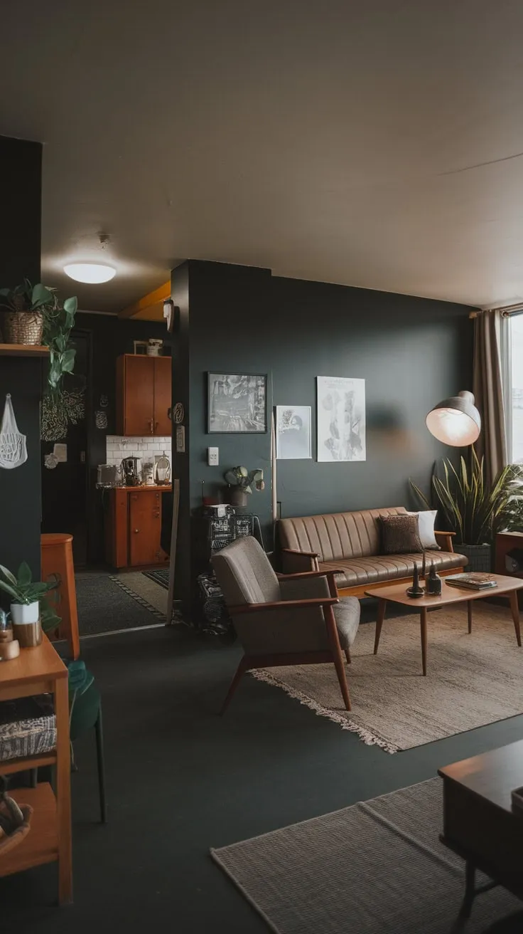 A moody mid-century modern apartment showcases stylish dark tones, curated decor, and pops of greenery.