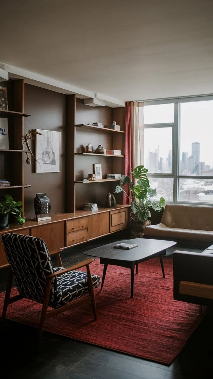A stylish sanctuary emerges where dark hues and mid-century modern lines harmonize, highlighted by a vibrant red rug against a backdrop of rich wood and a stunning city skyline.