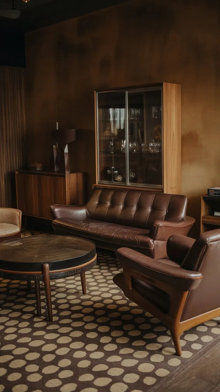 This meticulously curated space blends warm earth tones, rich leather, and mid-century lines to evoke a sophisticated seventies lounge vibe, showcasing the enduring charm of timeless design.