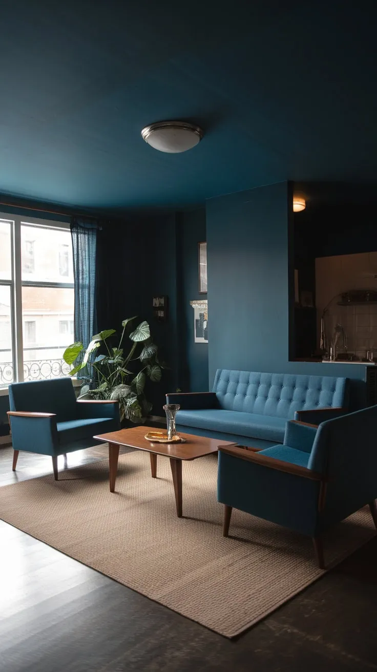 Dark walls and a plush blue lounge set a stylish tone in this low-ceilinged mid-century modern apartment.