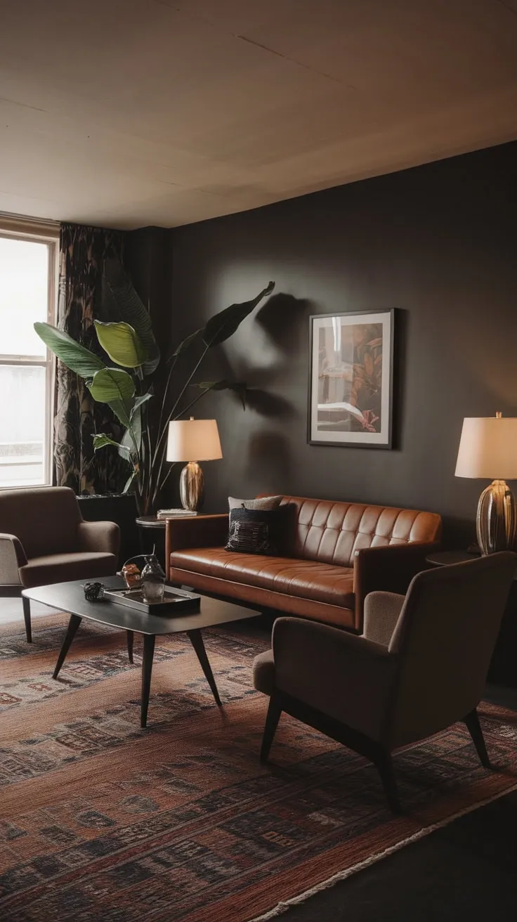 Dark grey walls and a patterned rug set the 1970s lounge vibe in this stylish mid-century modern apartment