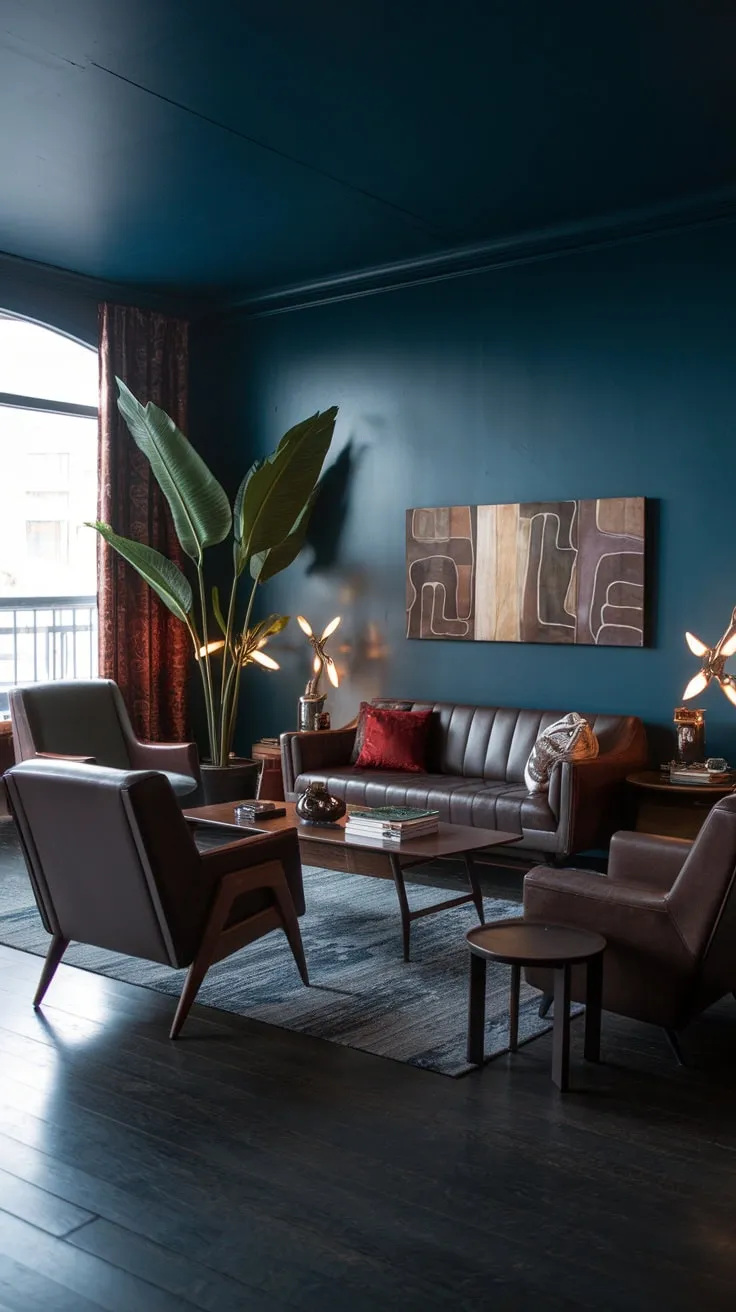 A mid-century modern apartment's dark palette and plush seating evoke a sophisticated 1970s vibe.