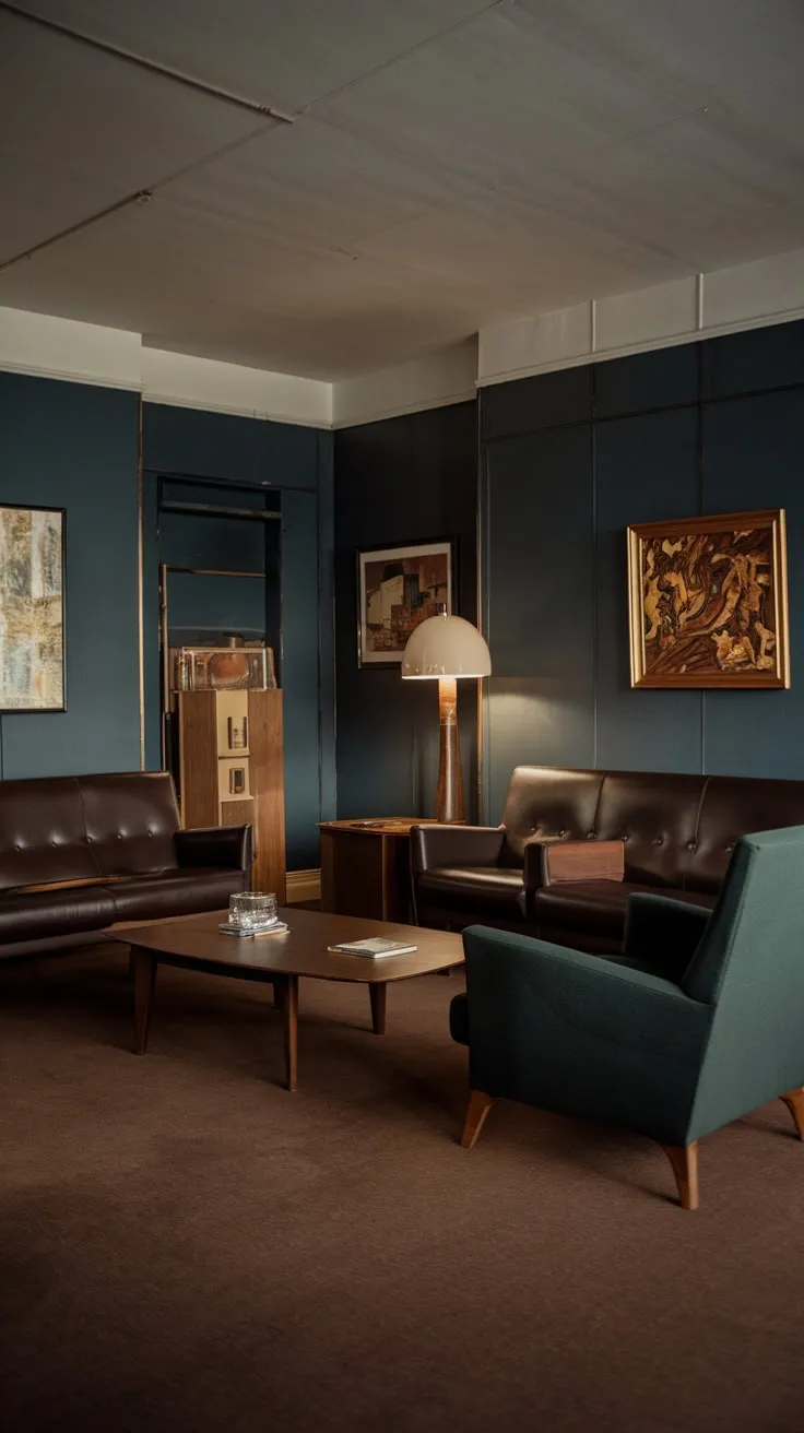 A dark and dramatic mid-century modern apartment from the 1970s offers a sophisticated retreat.
