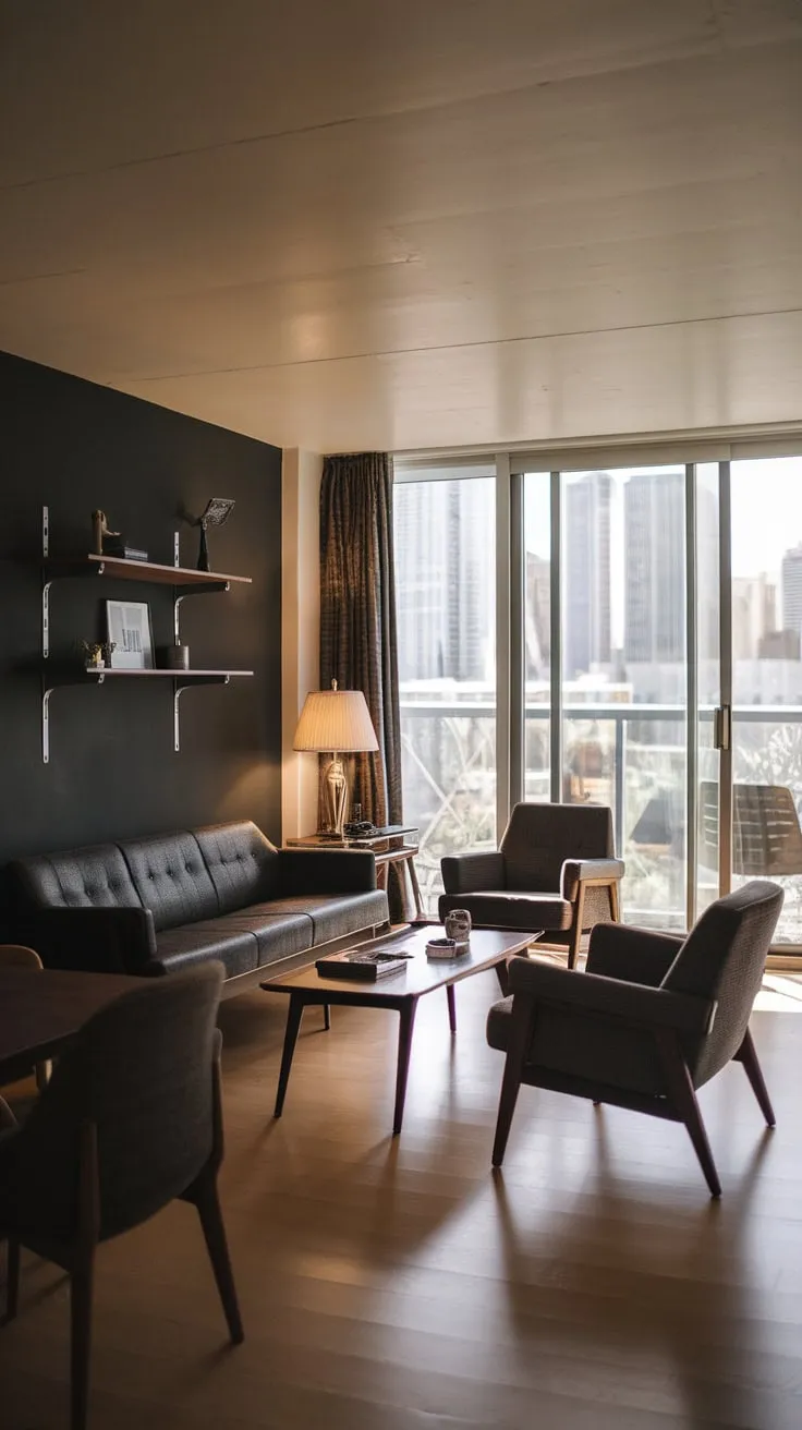 Dark mid-century modern furniture and a 70s lounge atmosphere create a sophisticated city apartment vibe.