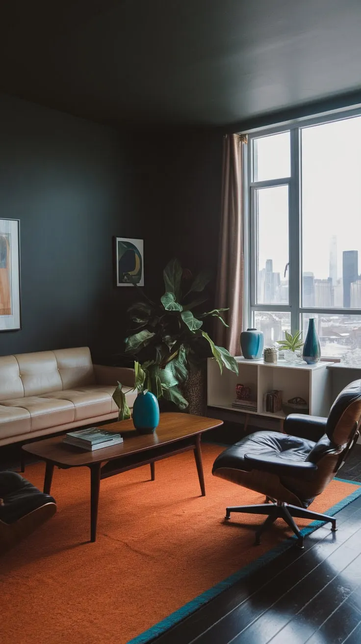 A sophisticated mid-century modern apartment boasts a dark color palette punctuated by pops of orange and green against a backdrop of city views.