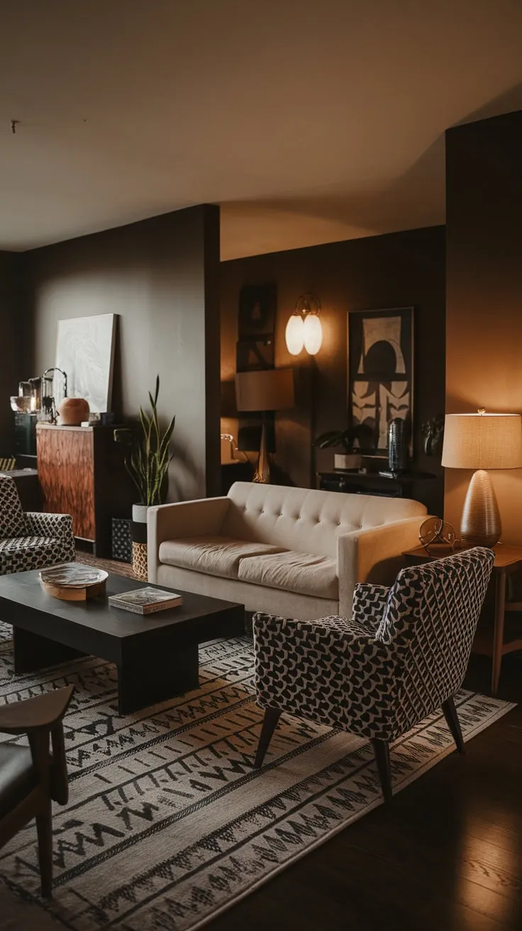 Warm lighting illuminates a sophisticated mid-century modern apartment, its dark brown walls contrasting beautifully with a beige sofa and geometric patterned rug.