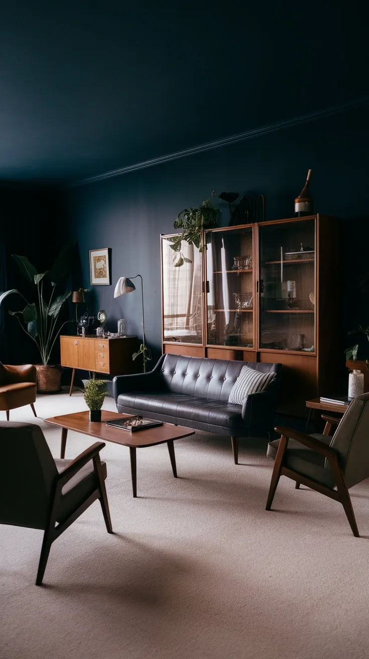 A dark, stylish mid-century modern apartment is highlighted by a vintage sofa and soft lighting against a backdrop of deep blue walls.