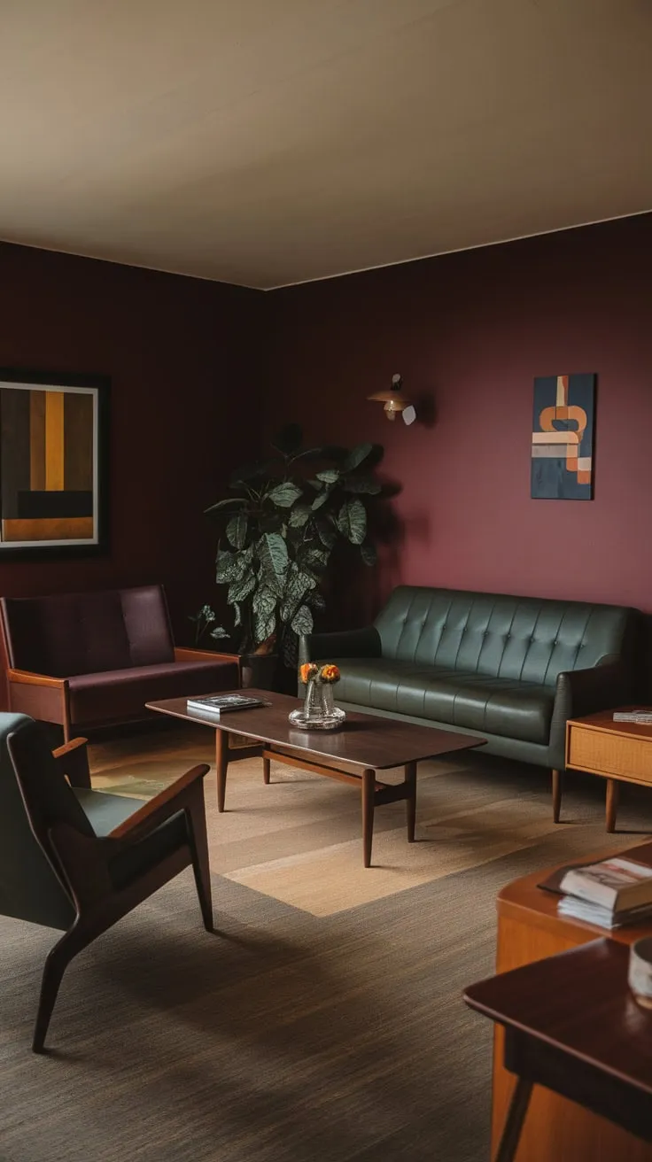 A deep burgundy backdrop highlights the retro style of this mid-century modern apartment's dark-toned living room.