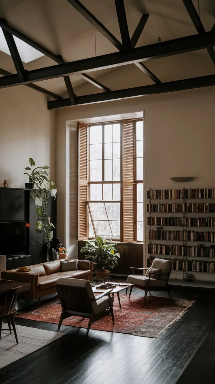A sophisticated mid-century modern apartment boasts a dark color palette, high ceilings with exposed beams, and a curated living area bathed in natural light.