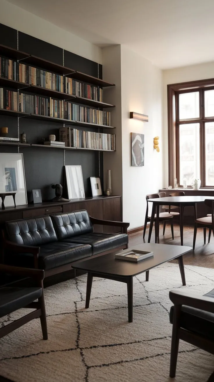 Dark wood and black accents define this mid-century modern apartment's sophisticated style, anchored by a black leather sofa and complemented by a white rug and curated artwork.