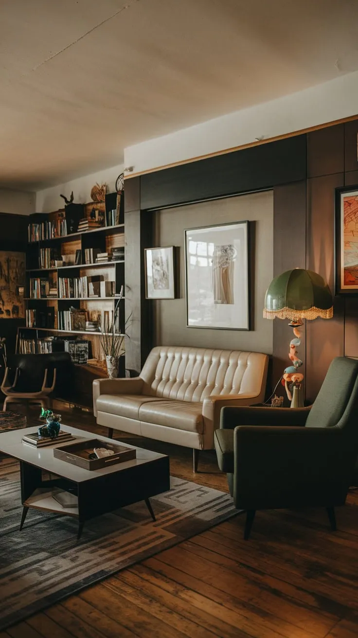 Warm beige and cool greens contrast against a dark backdrop in this stylish mid-century modern apartment, creating a sophisticated 70s lounge atmosphere.