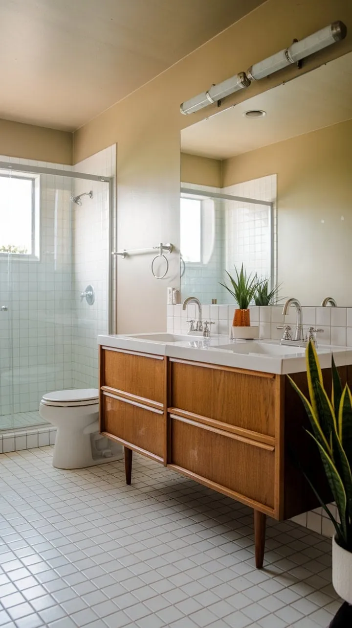 This mid-century modern bathroom oasis, featuring warm wood tones and a sunlit double vanity surrounded by lush greenery, is a serene retreat for mindful moments.