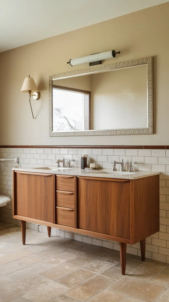 This mid-century modern bathroom, with its soft lighting and elegant double vanity, perfectly blends practicality and tranquility for a serene escape.