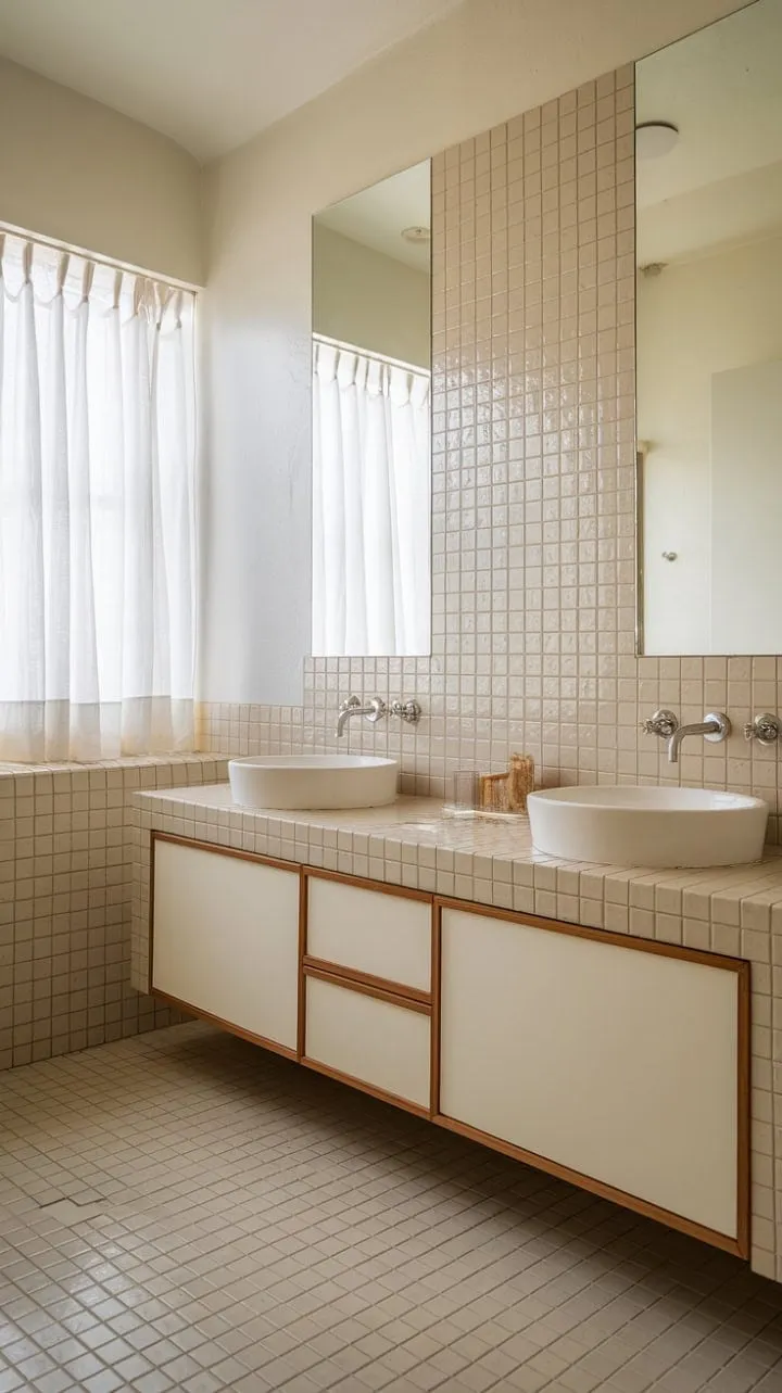 Awaken in a sunlit mid-century modern bathroom, where a serene double vanity and soothing beige hues create a sanctuary of understated elegance.