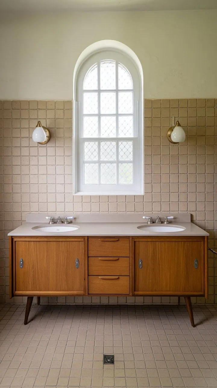 This mid-century modern bathroom exudes understated luxury with its harmonious light brown vanity, beige tiles, and a unique high window that enhances its tranquil ambiance.