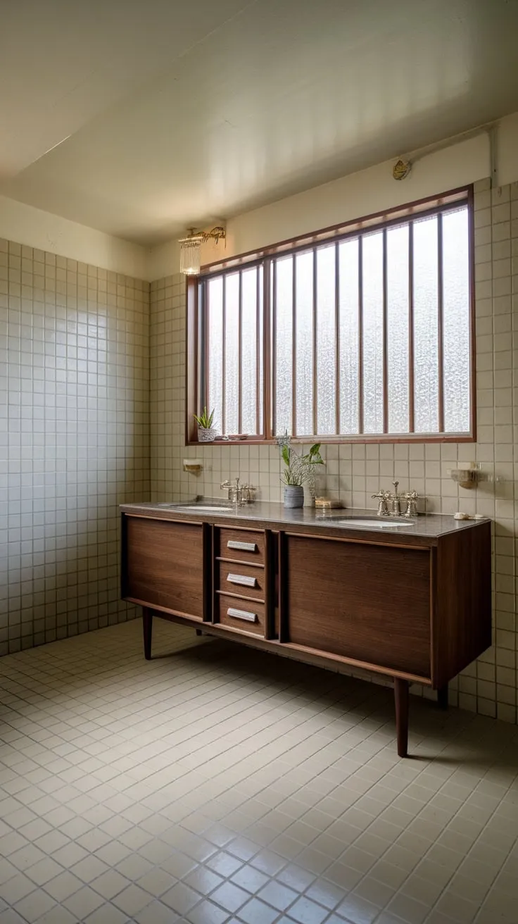 A mid-century modern bathroom's dark wood vanity contrasts beautifully with its light beige tiled walls and floor.