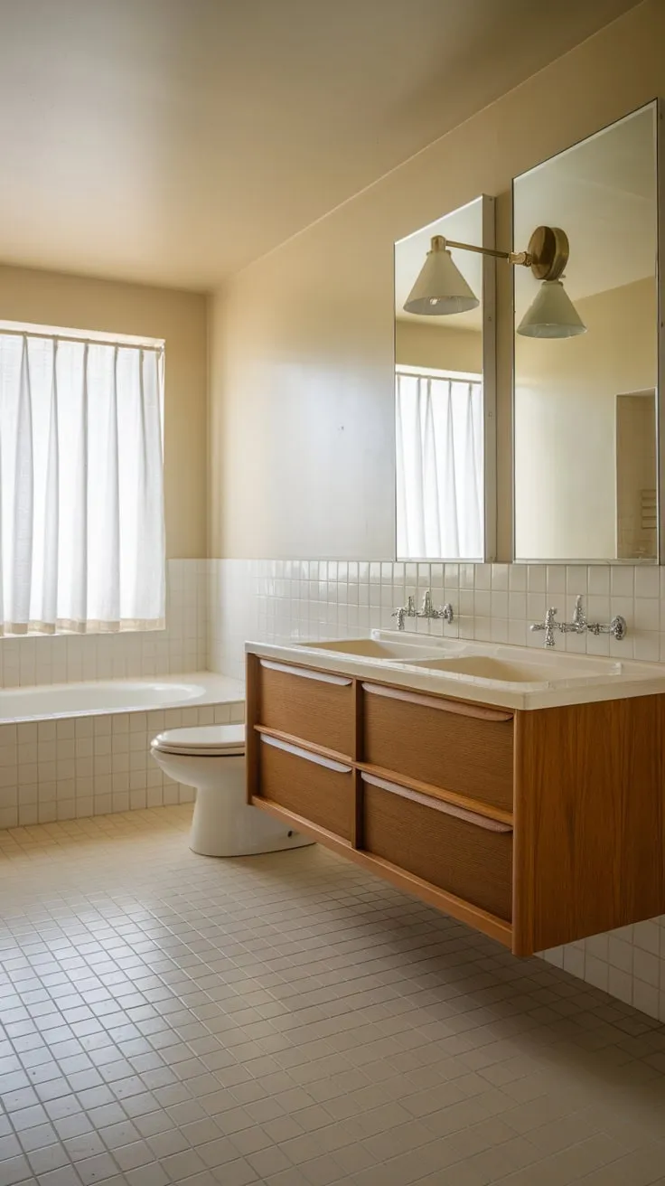 Beige and white tiles, a wood double vanity, and a sunken bathtub create a serene mid-century modern bathroom retreat