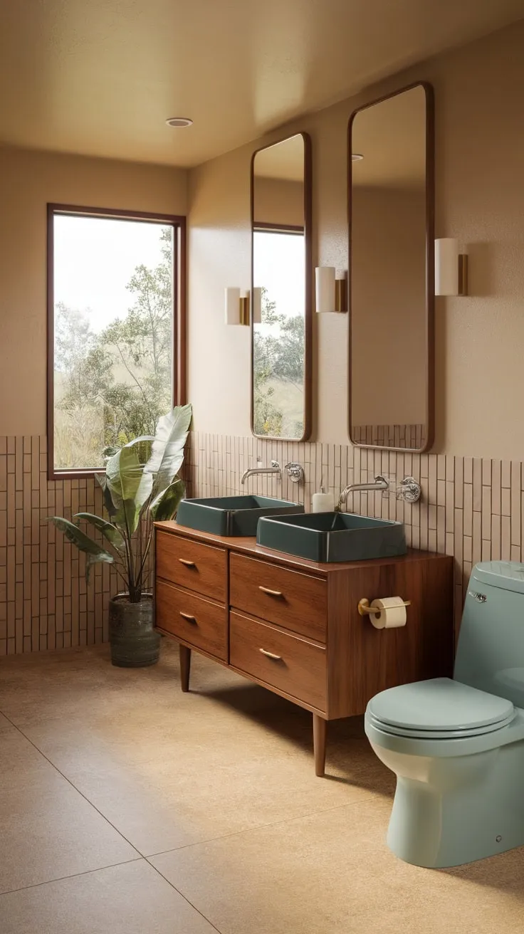 Nature-inspired views complement the light blue toilet and beige tile floor in this stylish mid-century modern bathroom.