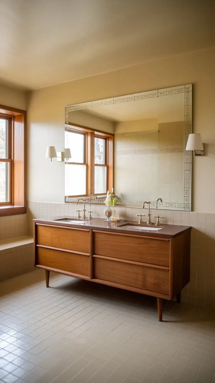 A simple yet elegant mid-century modern bathroom boasts a wood double vanity and large mirror, bathed in warm light.