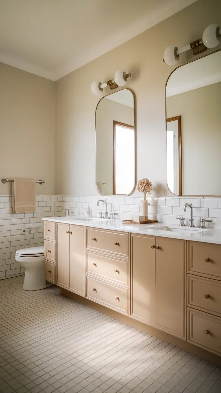 Soft lighting illuminates a serene mid-century modern bathroom, its beige and white palette highlighted by a double vanity and coordinating fixtures.