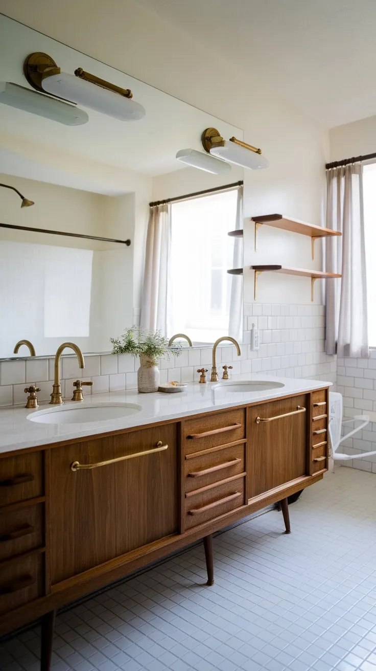A double vanity, brass fixtures, and white tile flooring create a stylish mid-century modern bathroom showcasing a minimalist aesthetic.