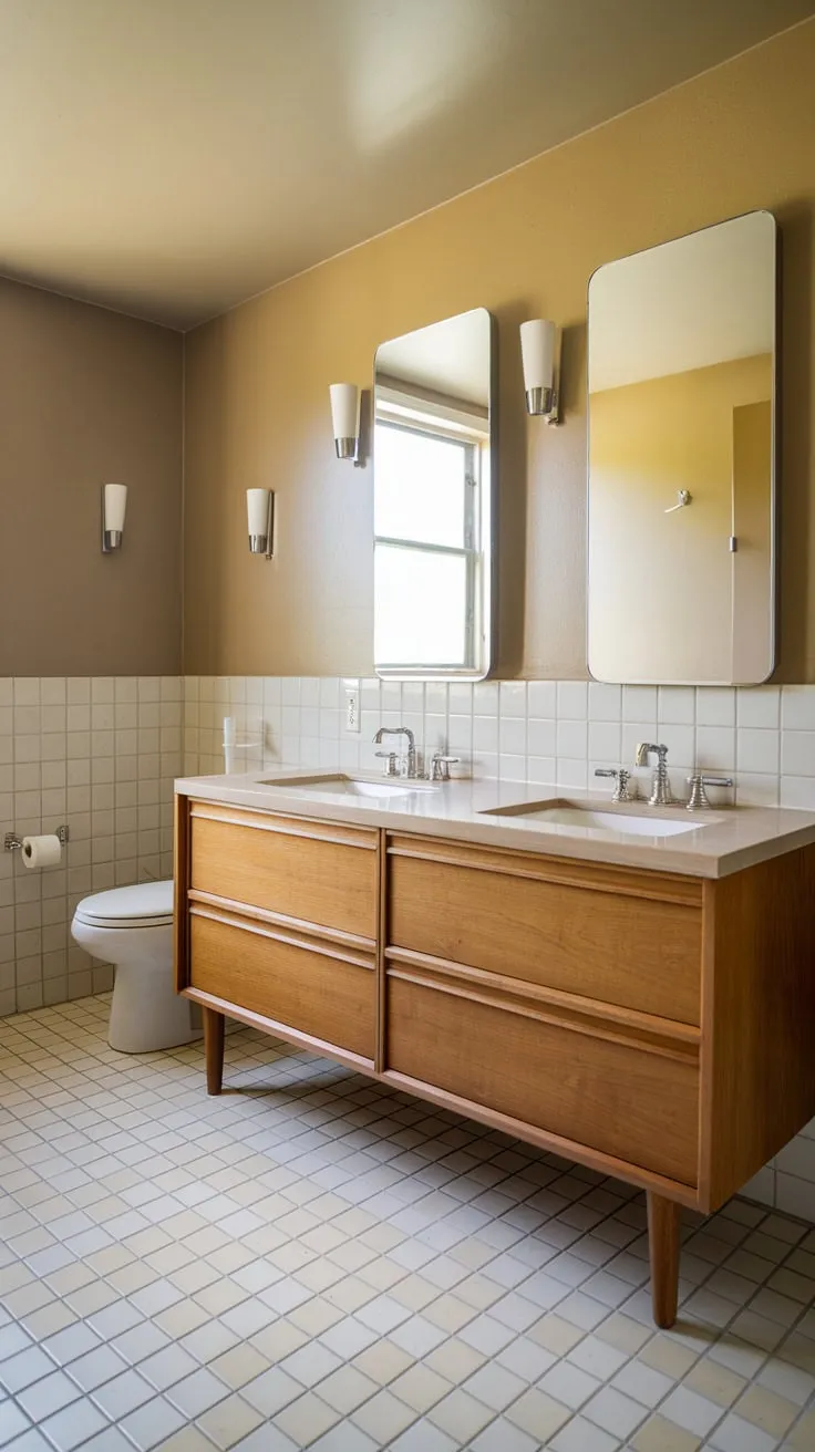 Warm wood tones and clean lines define this mid-century modern bathroom's double vanity and tiled floor