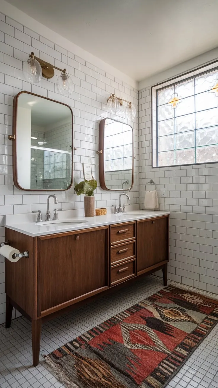 A mid-century modern primary bathroom boasts a dark wood double vanity, white tile, and patterned glass, creating a stylish and functional space.