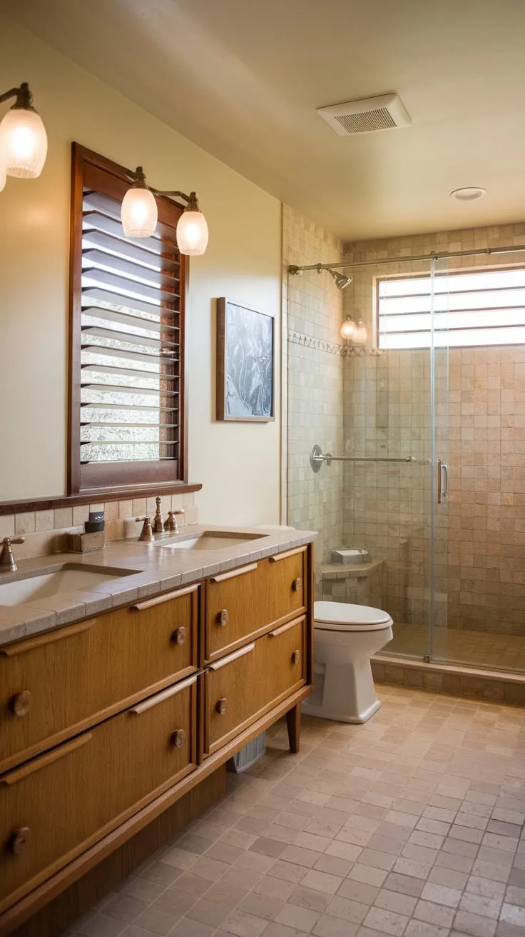 A double vanity, wood accents, and beige tile create a serene mid-century modern bathroom oasis.