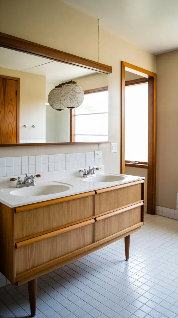 A light-filled mid-century modern bathroom boasts a double wooden vanity, globe lighting, and crisp white tile.