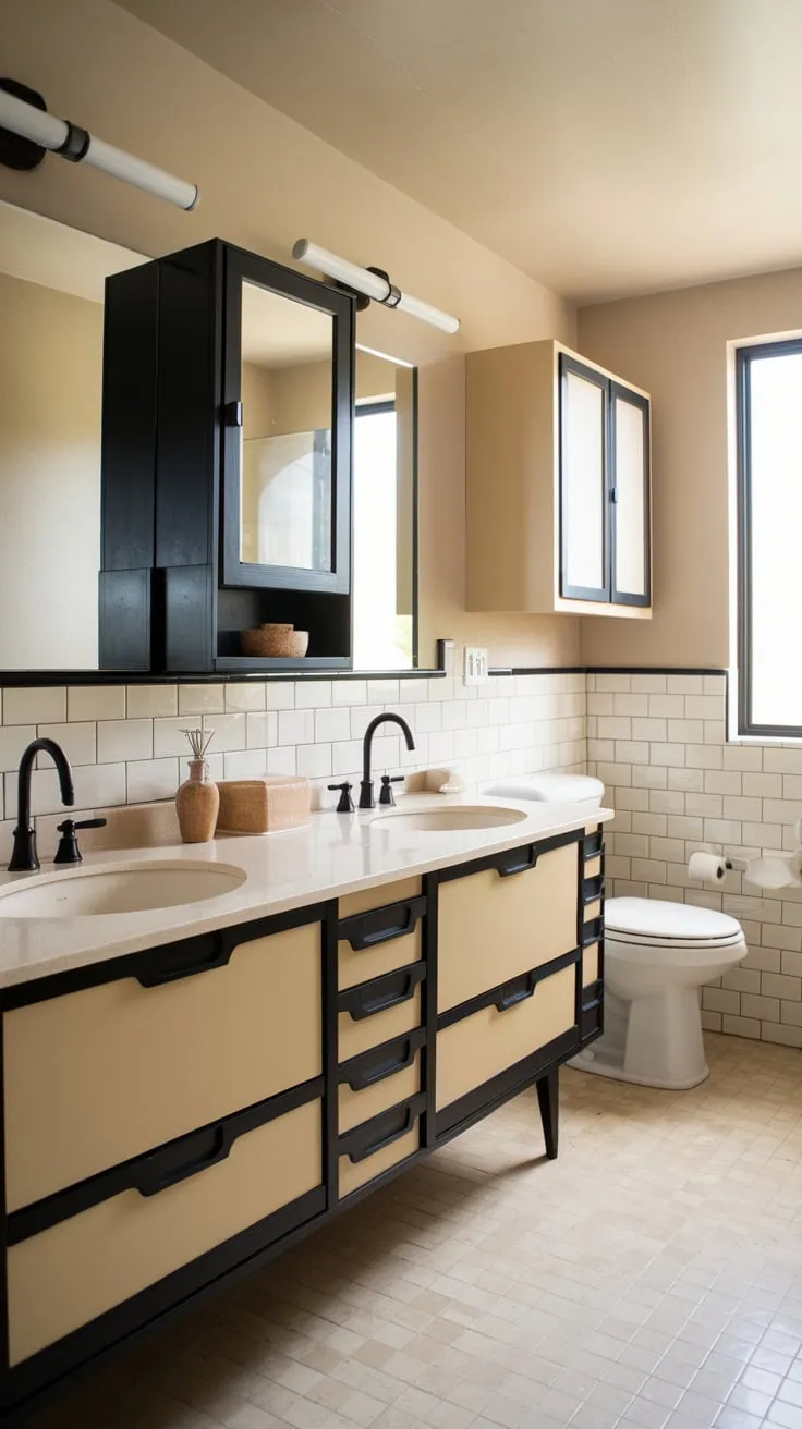 Sleek black fixtures and a beige palette create a serene mid-century modern bathroom haven