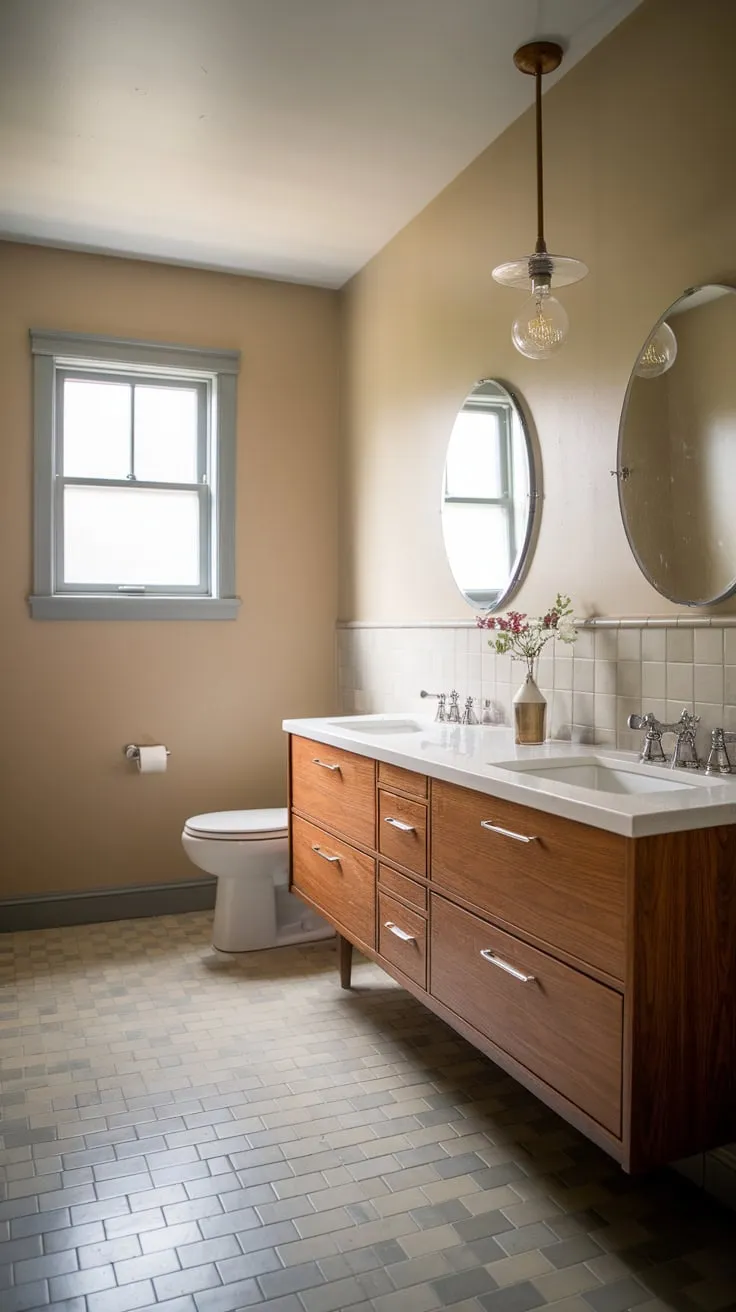 A vintage light fixture illuminates a stylish mid-century modern bathroom with a double vanity, beige walls, and a grey-tiled floor.
