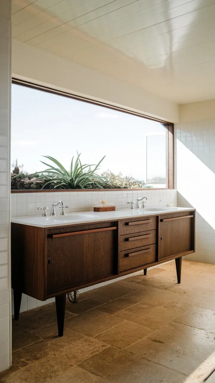 This master bathroom blends timeless design with understated elegance, featuring a dark wood vanity, a high window, and a touch of greenery for a serene ambiance.
