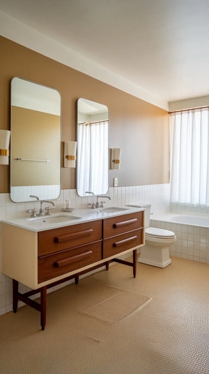 This mid-century inspired bathroom harmoniously blends subtle elegance with modern functionality, featuring a serene beige and white palette and a double vanity illuminated by soft sconces.
