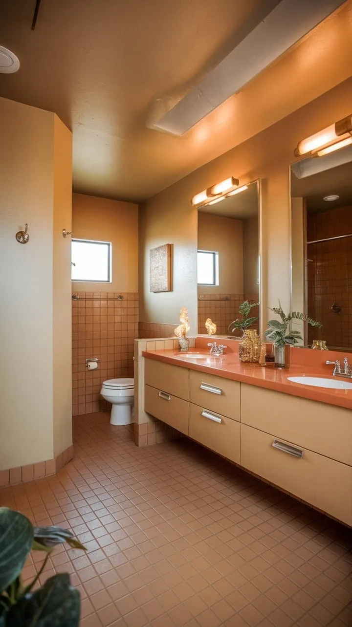 This mid-century modern bathroom artfully blends retro charm and contemporary comfort with its warm beige and orange hues, spacious double vanity, and private toilet area.