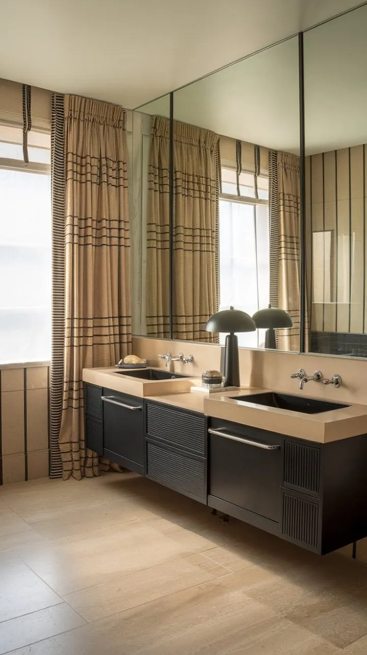 This bathroom is a chic oasis of understated elegance, blending black and beige tones with a stylish double vanity and striped curtains for a calming retreat.