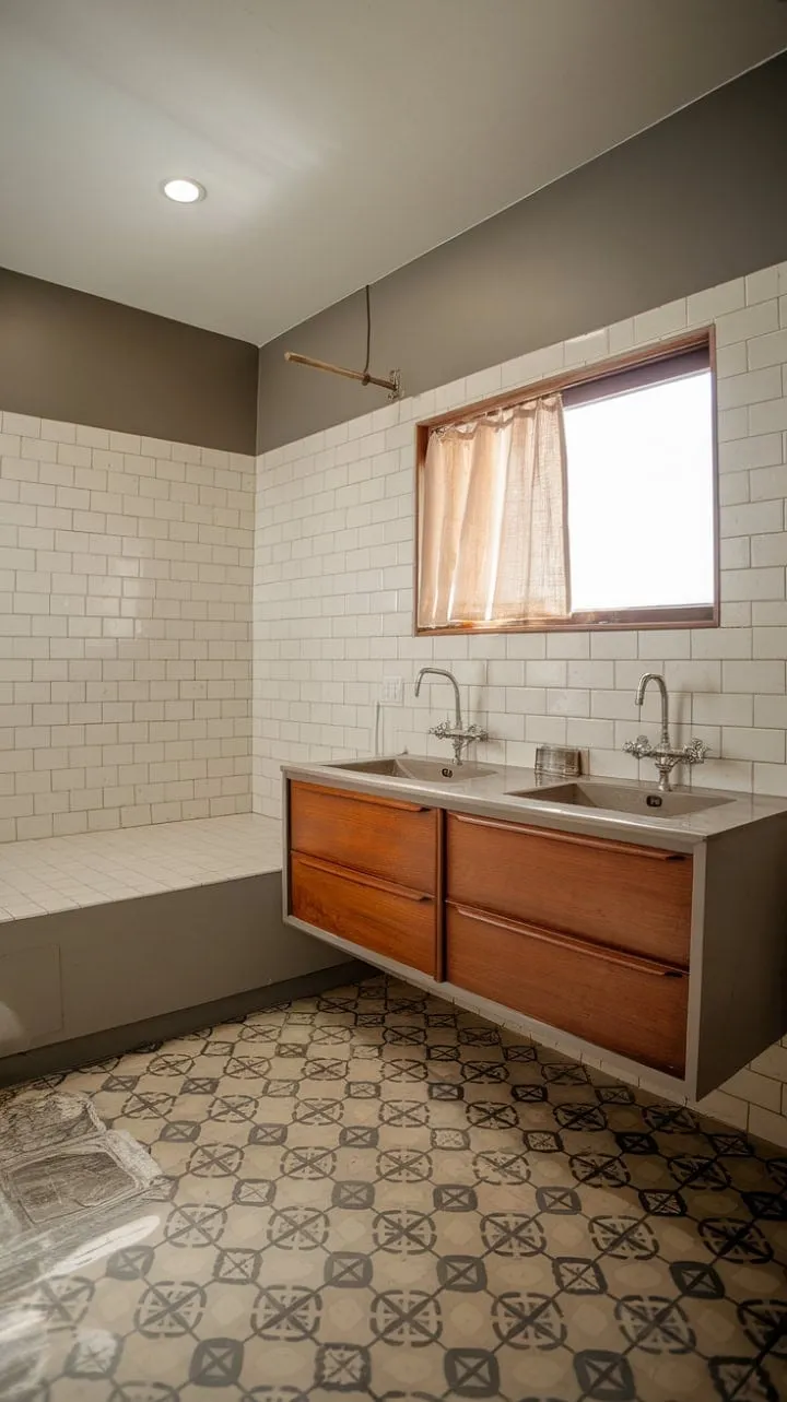 Bathed in sunlight, this serene mid-century modern bathroom harmoniously combines warm beige tones, elegant gray accents, and sophisticated patterned tiles for a tranquil yet stylish retreat.