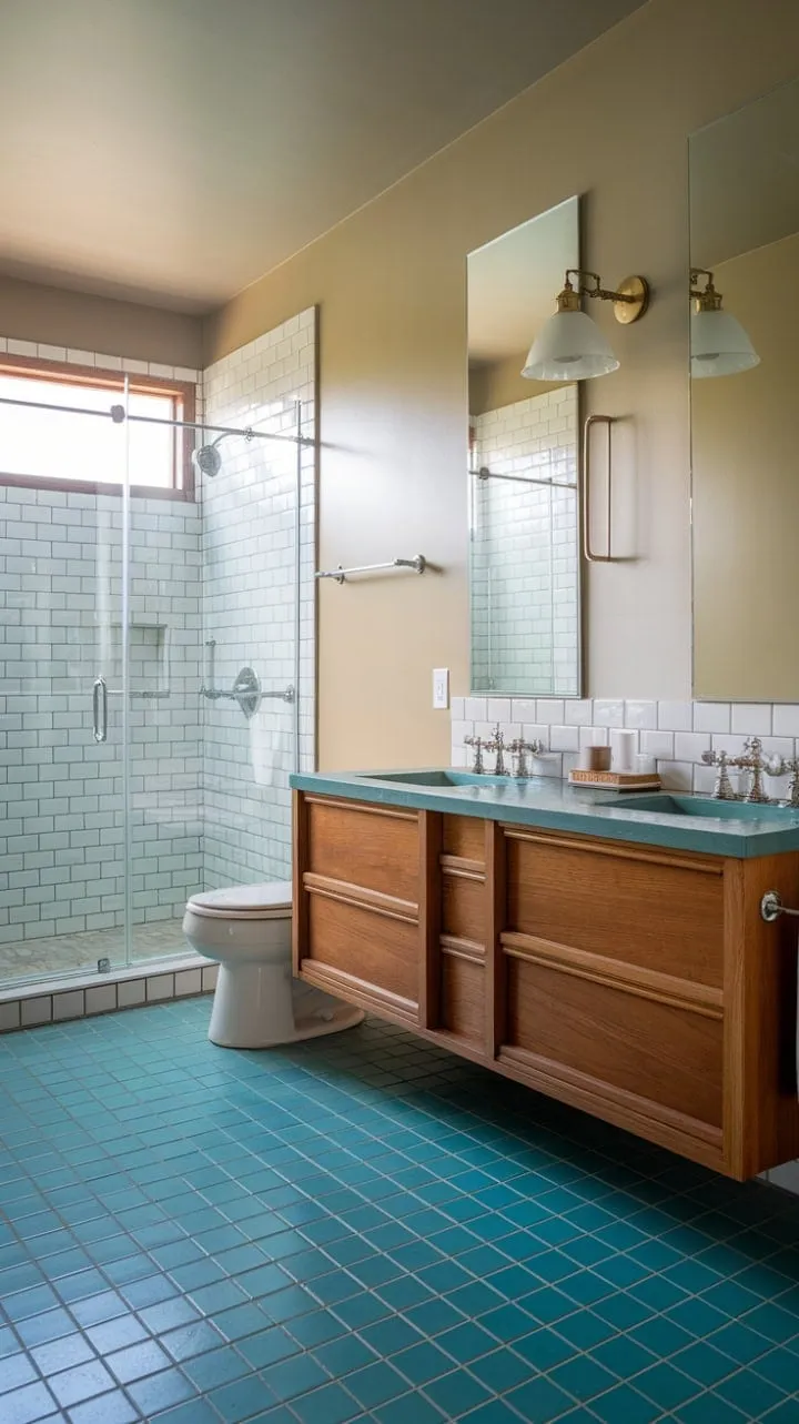This mid-century modern bathroom blends natural materials and a soothing color palette into a serene oasis of quality and understated luxury.
