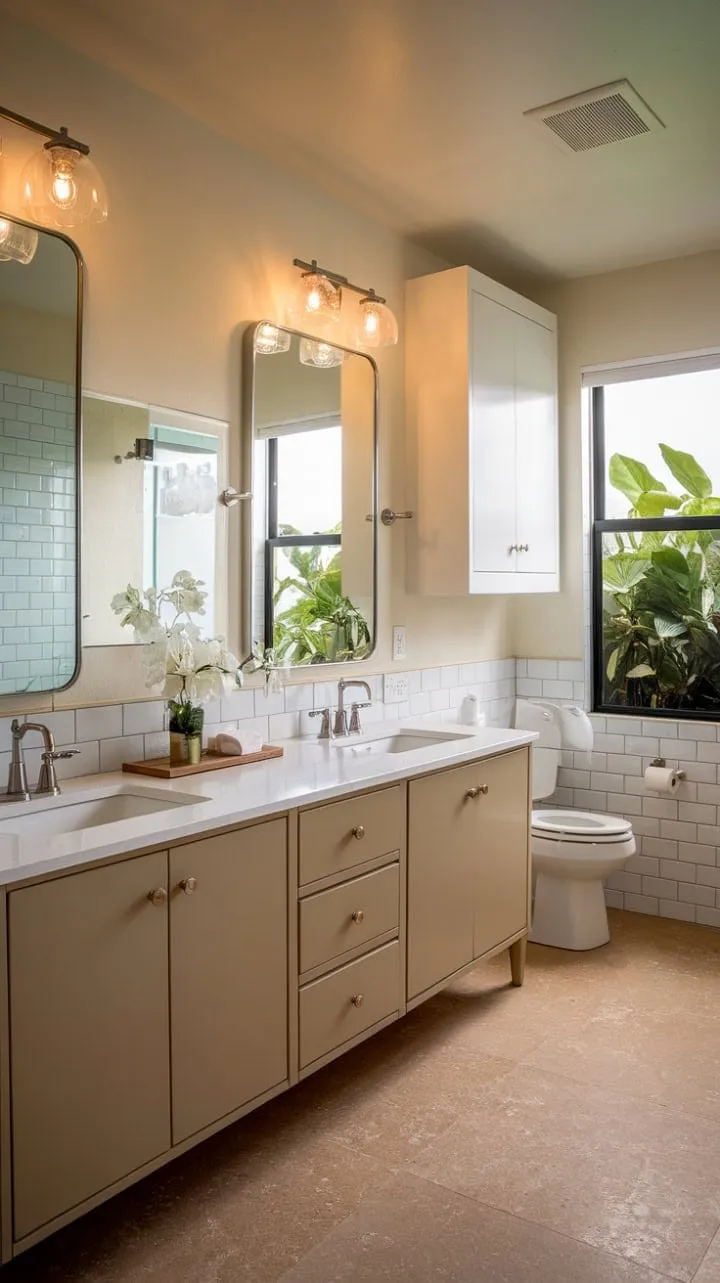 This mid-century modern bathroom, bathed in warm light and featuring a spacious double vanity, harmoniously blends classic elegance with contemporary comfort amidst a serene backdrop of lush greenery.