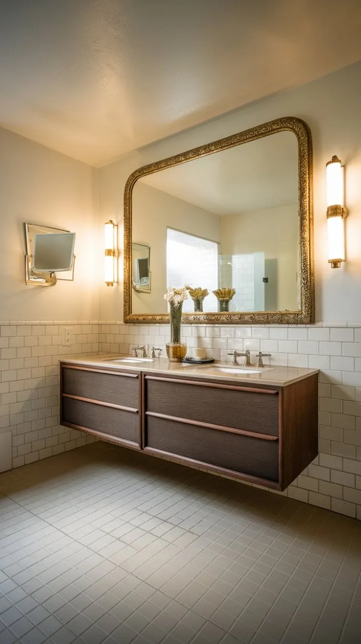 This sunlit mid-century modern bathroom exudes understated luxury with its elegant double vanity, ornate gold-trimmed mirror, and warm beige tiles, all harmonizing in a sophisticated vintage-inspired design.