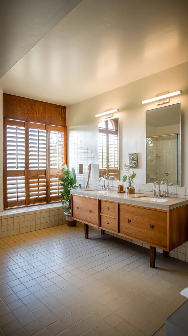 Sunlight dances through wooden shutters, highlighting the serene elegance of a mid-century modern bathroom where a simple double vanity and soft greenery create a tranquil oasis of understated luxury.