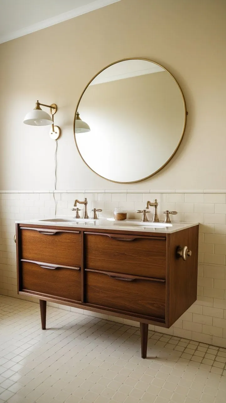 This mid-century modern bathroom harmoniously combines warm wood tones and brass accents to create a serene oasis of timeless design and modern functionality.