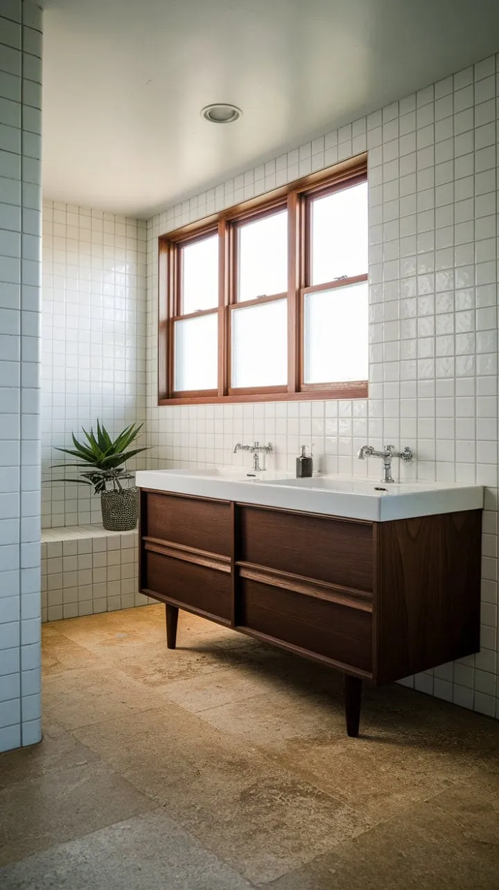 Bathed in sunlight, this mid-century modern bathroom exudes calm elegance with its rich dark wood vanity, crisp white tiles, and a touch of greenery.