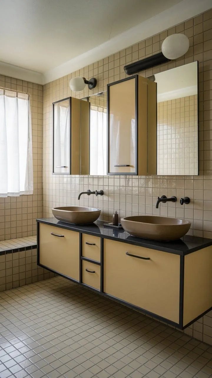This bathroom's captivating blend of black and beige tones, sleek double vanity, and subtle accents transforms it into a serene sanctuary of sophistication.