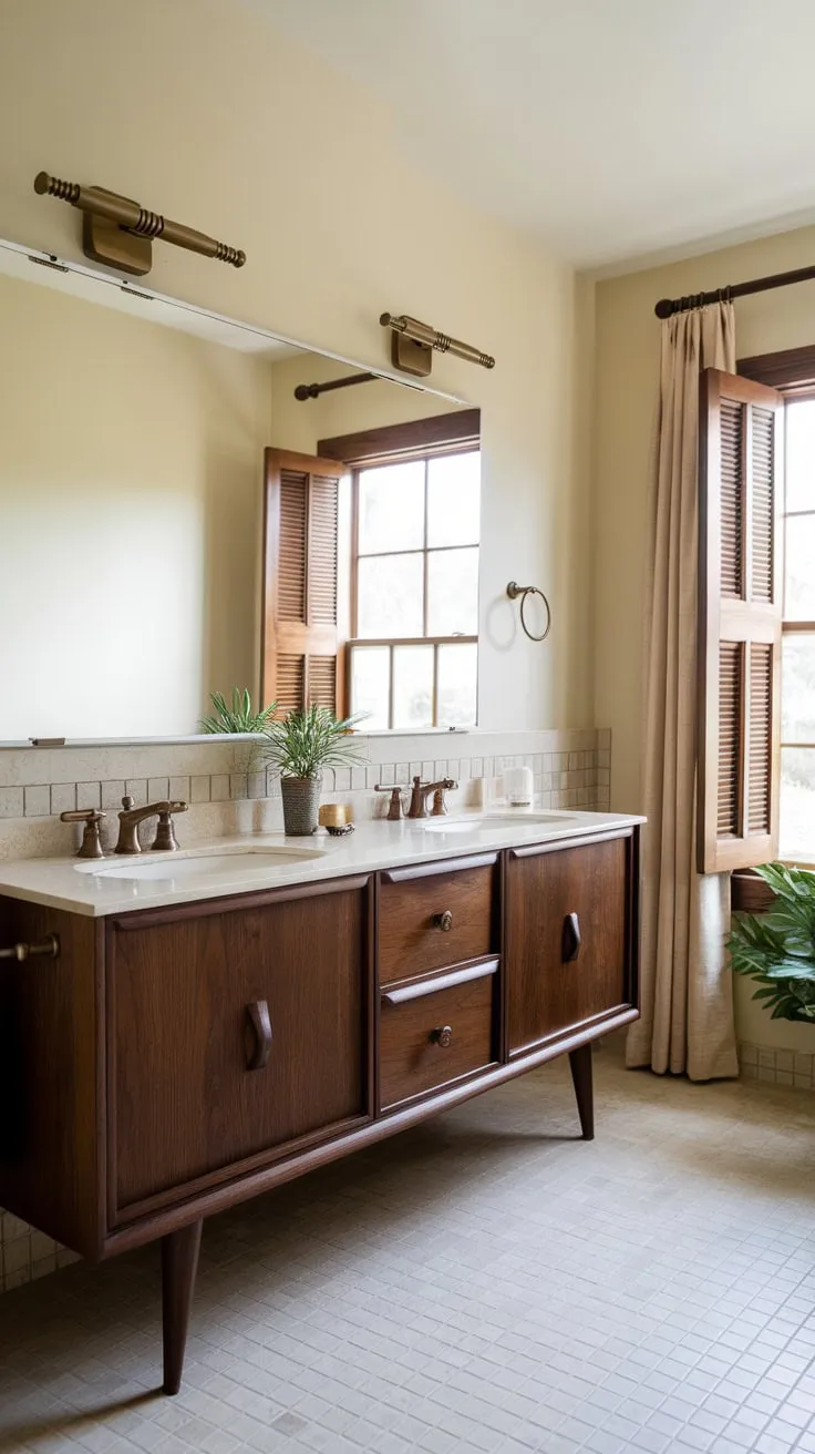 A double vanity with dark wood, bronze fixtures, and beige tile flooring defines this stylish mid-century modern bathroom.