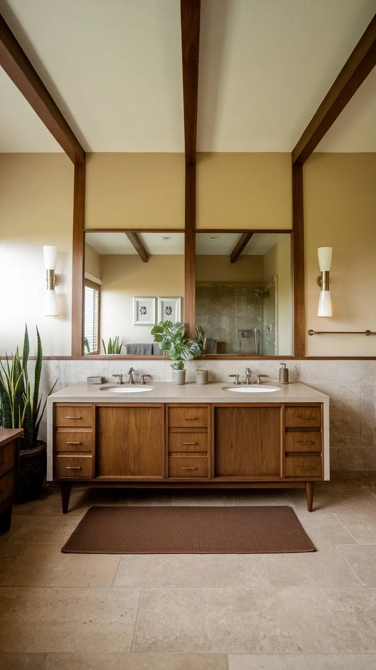 Warm beige tones, a wood-beamed ceiling, and a double vanity define this serene mid-century modern bathroom.