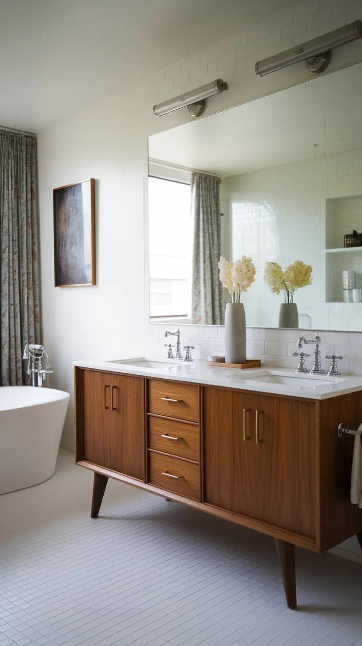 Clean lines and a freestanding tub define this mid-century modern bathroom's serene double-vanity elegance