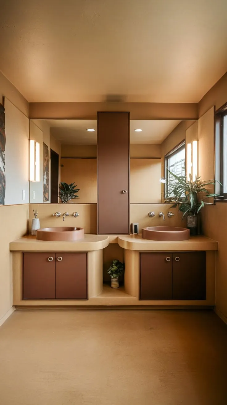 Warm lighting illuminates a beige and brown mid-century modern bathroom featuring a double vanity with brown sinks and cabinets, accented by plants and a lamp.