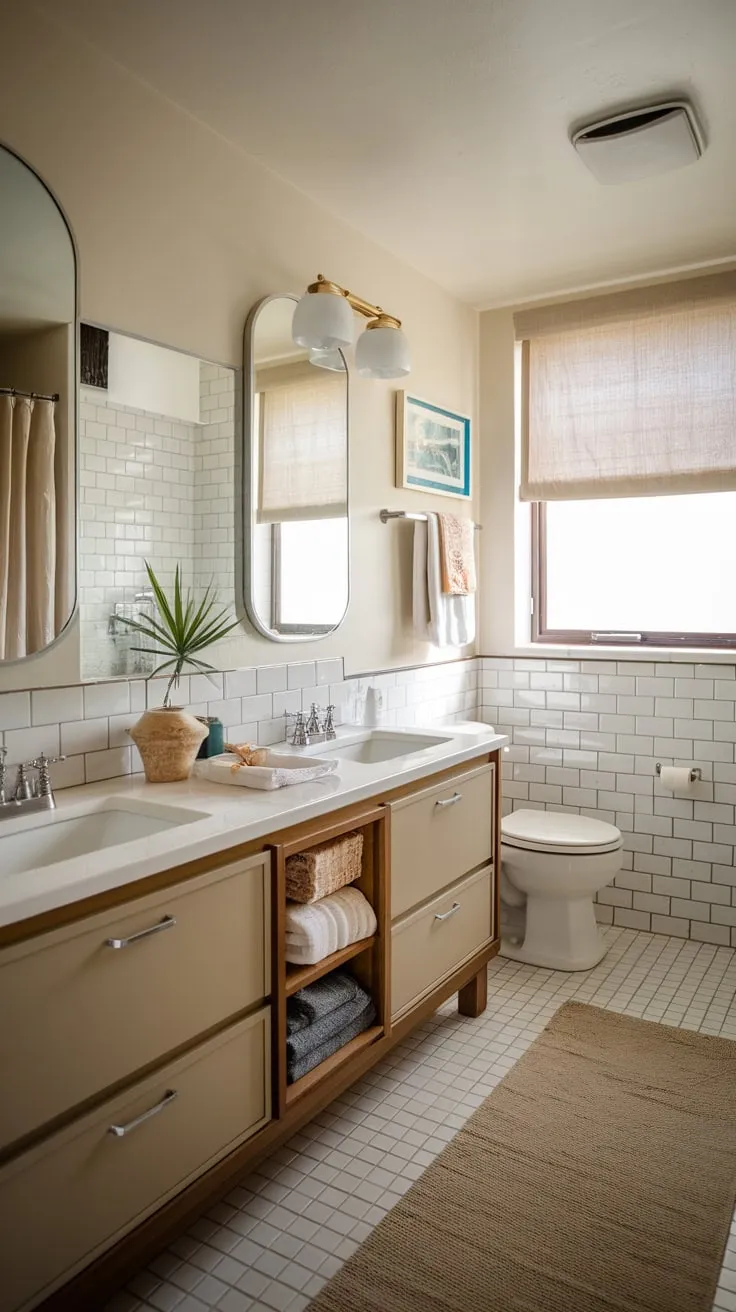 Beige and white tiles, a double vanity with stylish accents, and a window with a beige curtain create a serene mid-century modern bathroom retreat